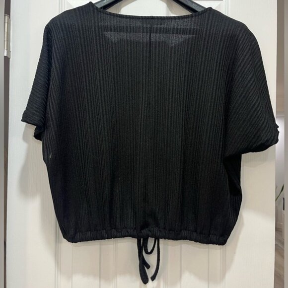 Zara Black Ribbed Short Sleeve Blouse M Drawstring Hem Oversized Minimalist Top - Picture 2 of 4